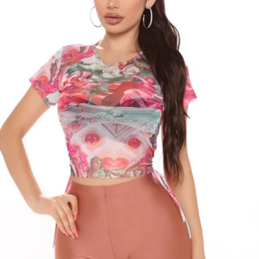 Fashion Nova Serenade me pink sheer crop top drawstring sides Small  angels